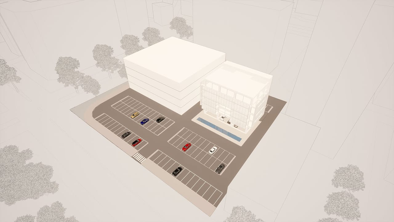 The same aerial view with a second large block added next to the first, where the lawn was