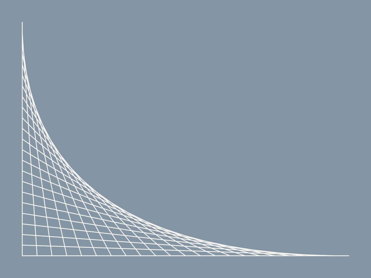 Evenly spaced straight lines join points on a left edge to points on a bottom edge. Their crowding leaves a smooth curve bending toward the corner, in pale lines on blue-grey.