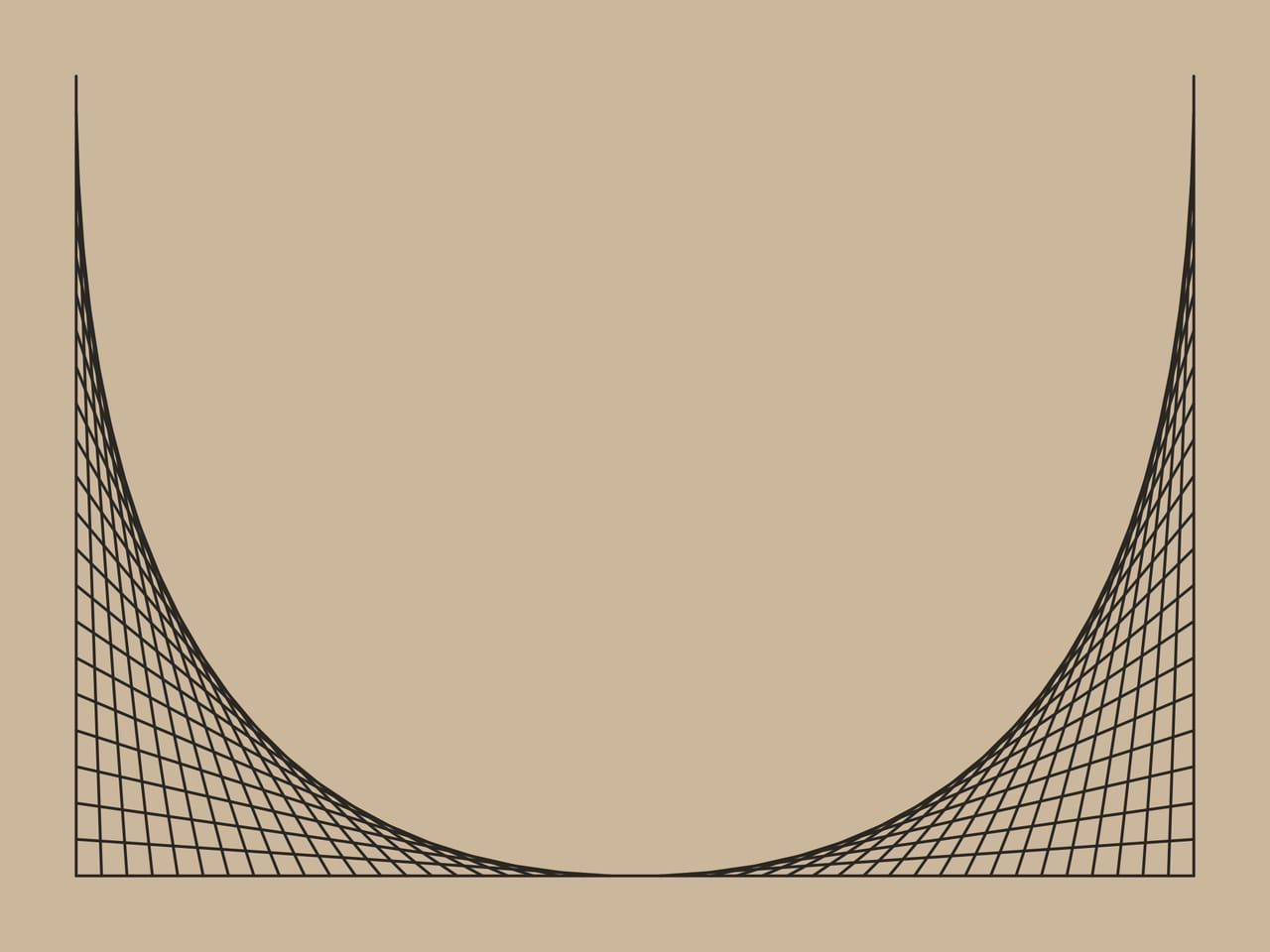 Two mirrored sets of straight lines, one from each side edge, cross the middle. The curved edges they leave meet like the line of a roof, in dark lines on sand.