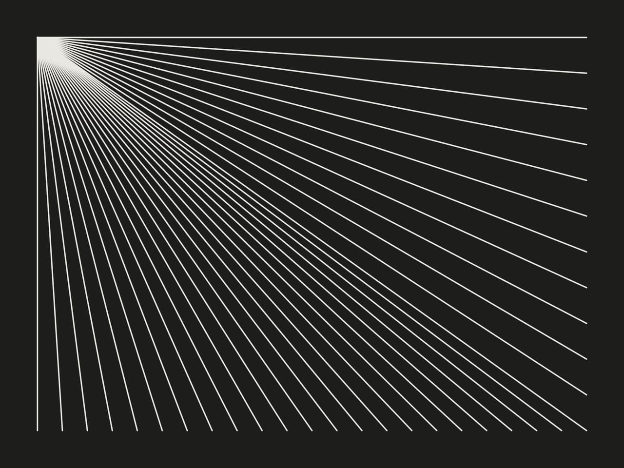 Straight lines fan out from a single point at the top left to a row of points along the bottom, then to a column of points along the right edge, in pale lines on near black.
