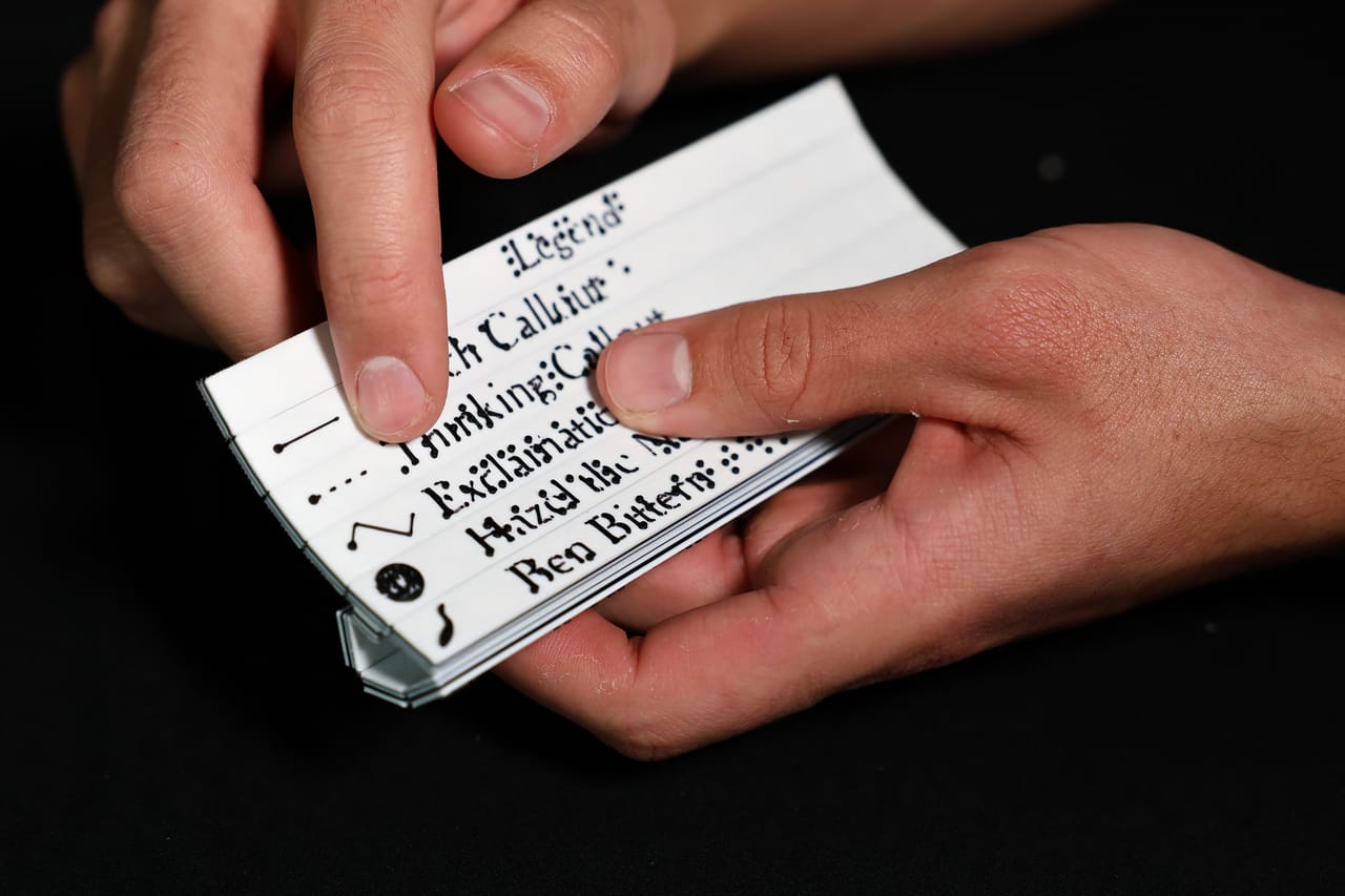 Two hands hold a small white card with lines of raised lettering and a column of dots down its left edge, fingertips on the lettering, against a black background.