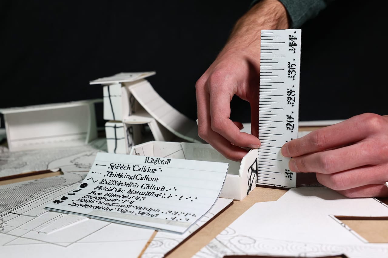 A hand holds a tall ruler upright beside a white paper-and-card model. A card of lettering lies on the model in front of it.