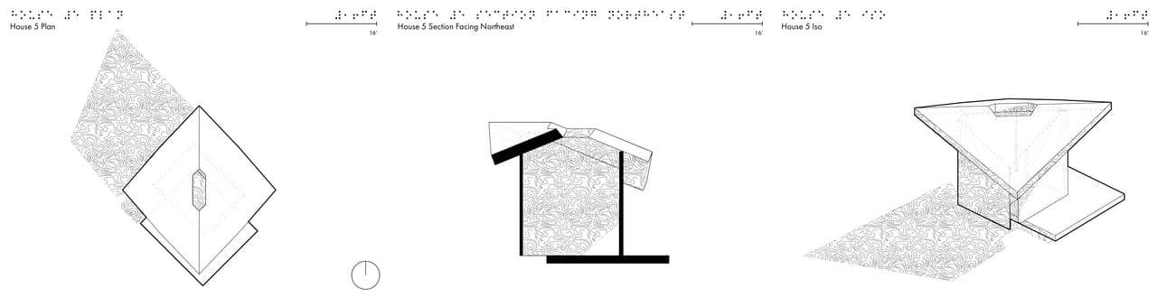 Three drawing sheets side by side, a plan, a section and an isometric of a small house. Each has a line of braille and a title at the top left and a scale bar at the top right. (Plan)
