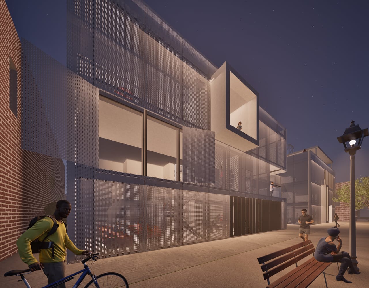 The street front at night: lit homes glow behind a perforated metal screen, a man in a yellow jacket wheels a bike past, and people sit on a bench by a street lamp, with a brick neighbour on the left