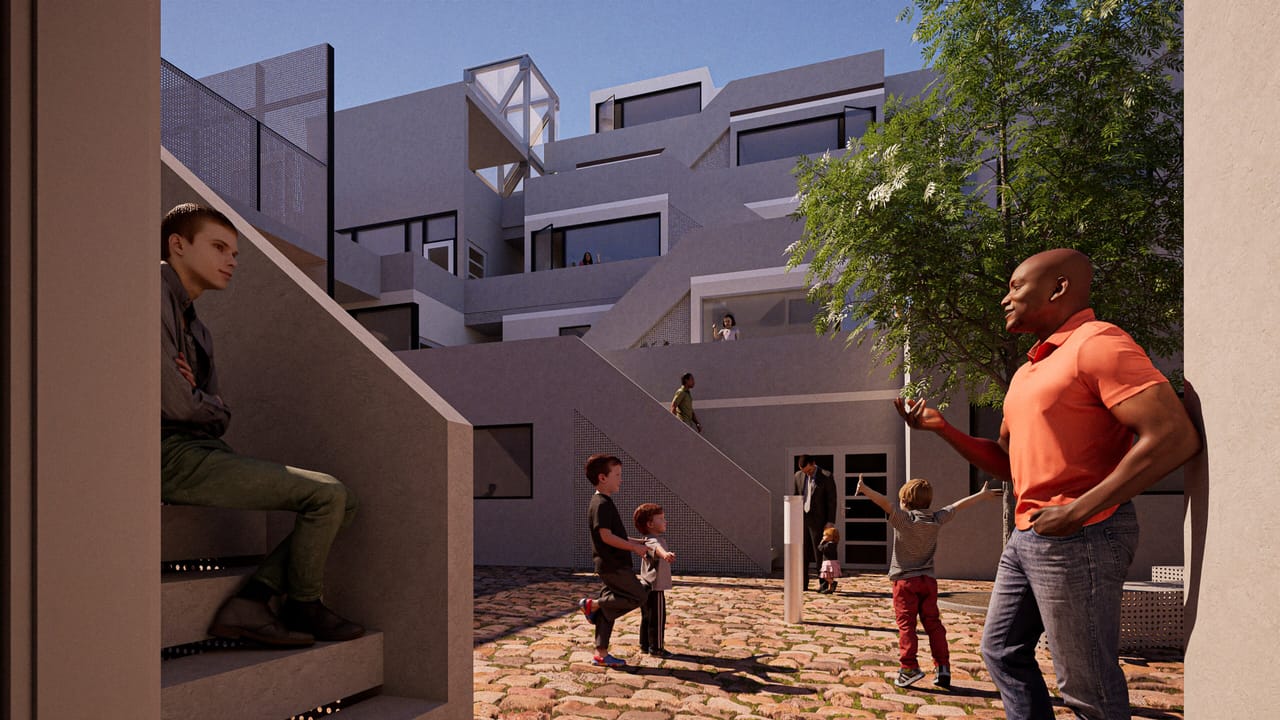 Looking across the court from a stair landing: a young man sits on the stair, children play on the brick paving, a man in an orange shirt gestures, and stairs and terraces cluster behind a tree