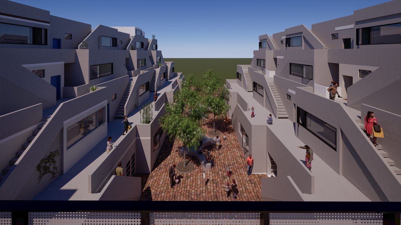 The court seen from the footbridge: terraced homes with open stairs step down on both sides to a brick-paved court with trees and people, with a perforated metal rail across the foreground