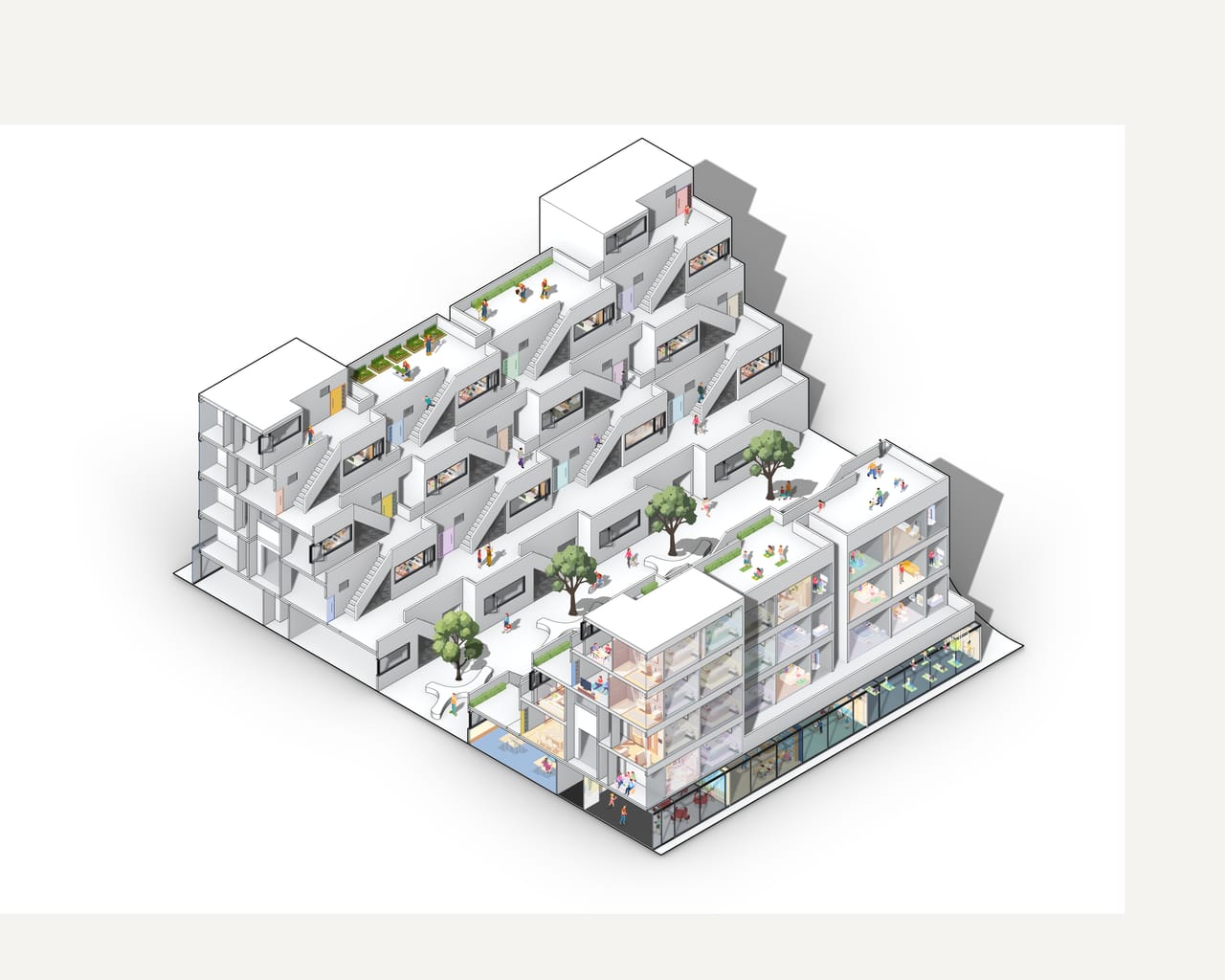 Stepped terraces of homes climbing around a central court with trees, rooftop planters, stairs and shop fronts along the street edge