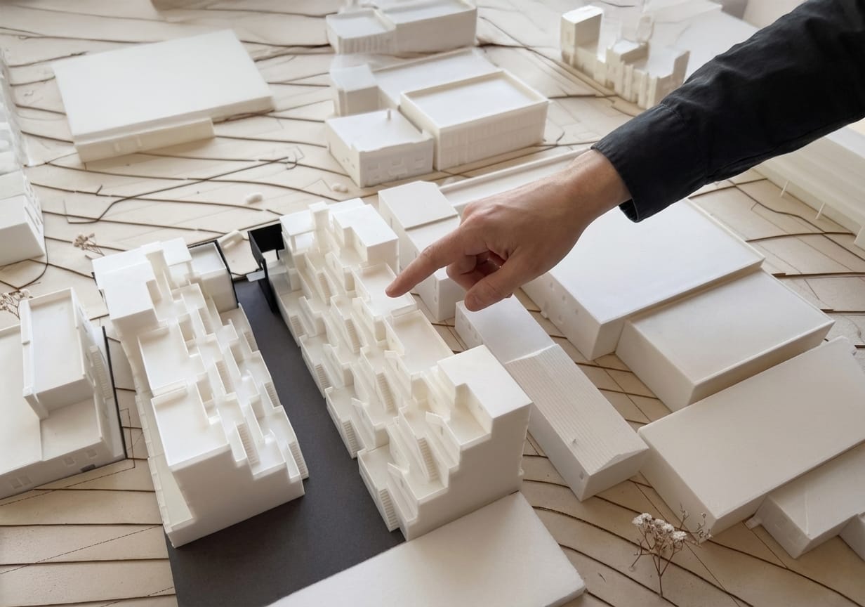 A white physical model of the stepped block among simplified neighbouring buildings on a contour base, with a hand pointing at it
