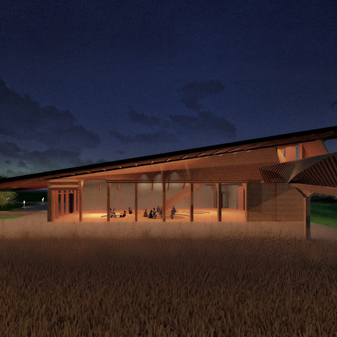 Dusk render of a timber hall under a long sloping roof, lit from inside, with people sitting on the floor and tall prairie grass in the foreground
