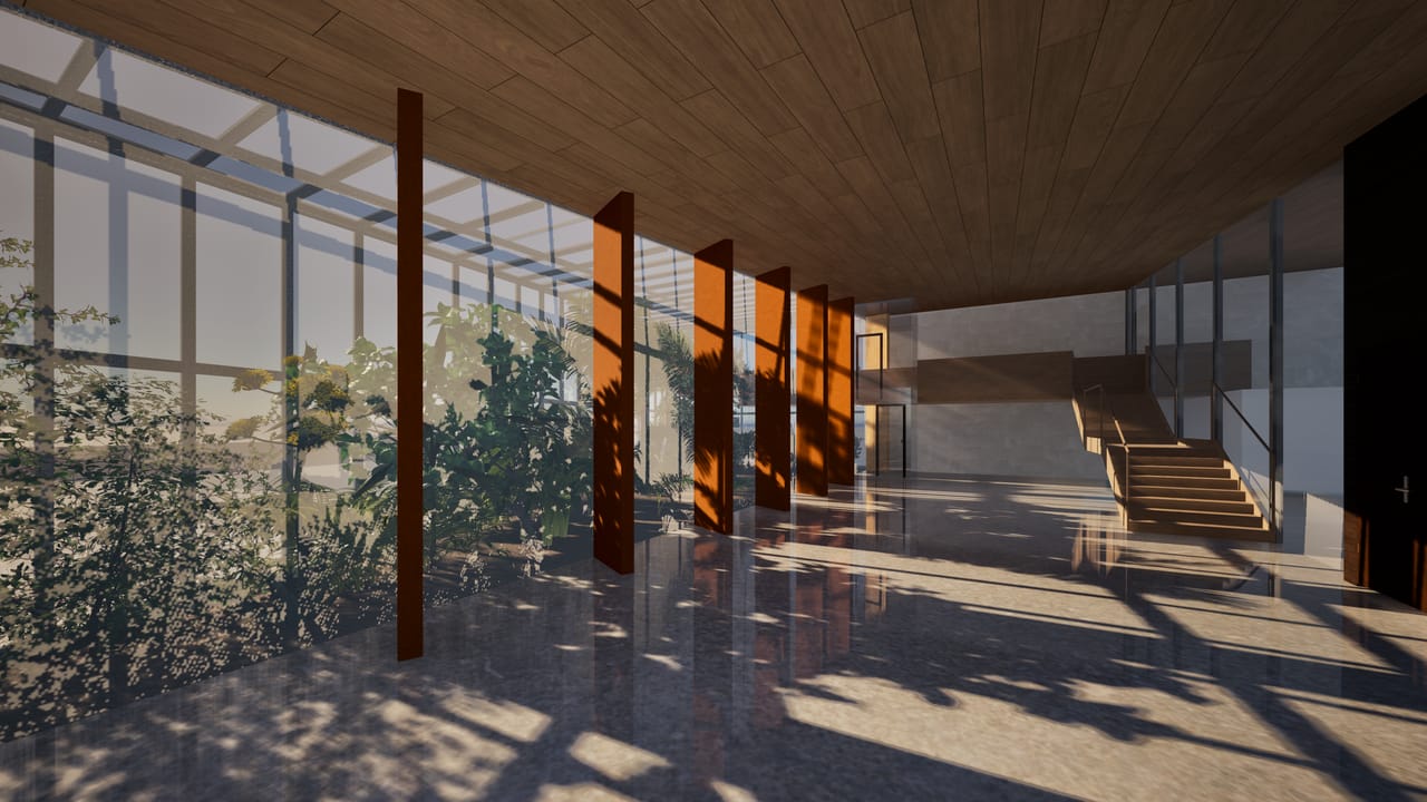 Interior render of a hall with a timber ceiling, a glazed greenhouse full of plants on the left, tall rust-colored corten fins, a timber stair at the back and dappled light on a polished floor