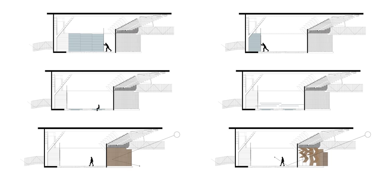 Six section drawings in two columns showing the same building as its sliding panels are pushed aside, a person sits at a conversation pit, low benches appear, and a timber screen folds open